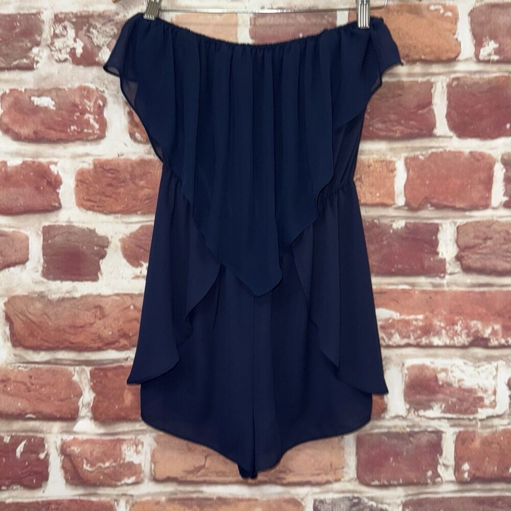 Bcbgeneration Shorts Romper Womens S Blue Sheer Flowy Ruffle Beachy Off Shoulder